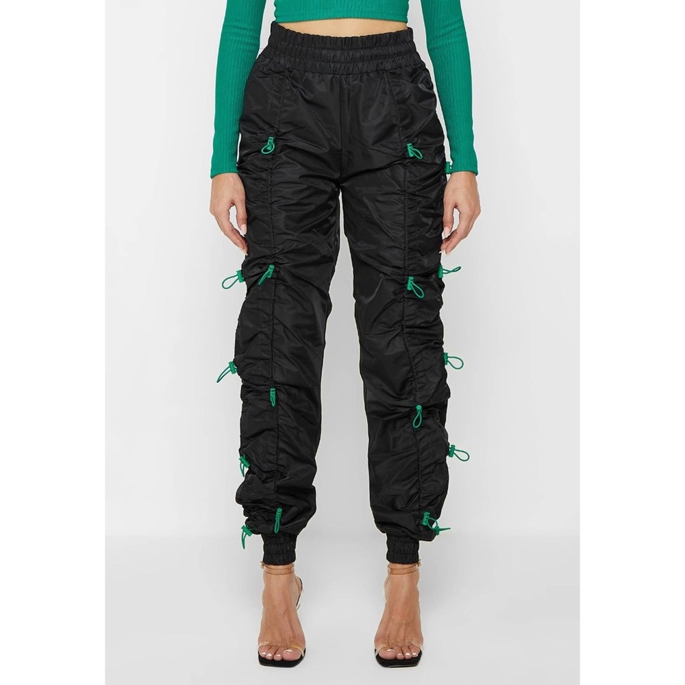 Maniere De Voir Nylon Bungee Ruched Cargo Pants in Black/Green US 10